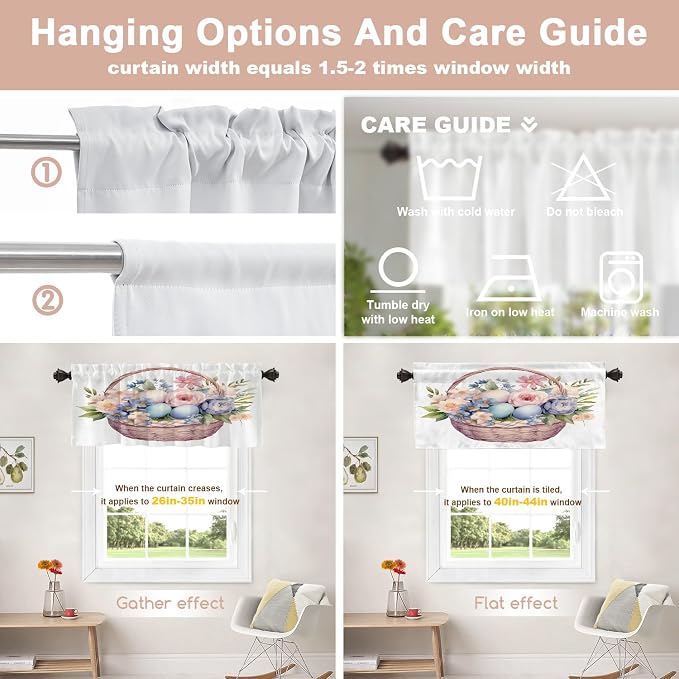 Shrahala Basket Flowers Eggs Blackout Short Curtains for Windows, A Basket with Floral and Eggs Kitchen Valance Thermal Insulated Rod Pocket Window Treatment for Bathroom 2 Pack 52 X 18 in