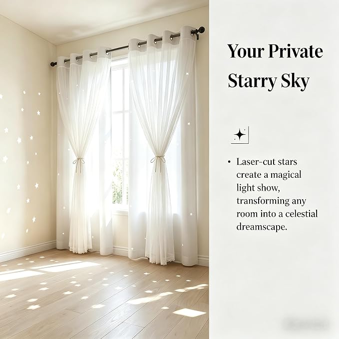 Kids Blackout Small Curtains for Bedroom/Living Room/Classroom, Sheer Overlay 2 Free Tiebacks,Double Layer Curtains with Star Cutout for Kids Room(W 52 x L 36 Inches,Greyish White 2 Pcs)