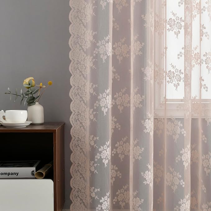 Kotile Blush Sheer Curtains 80 Inch Length 2 Panels Cottagecore Floral Coquette Curtains for Girls Bedroom, Rod Pocket Light Filtering Privacy Lace Window Curtain, 52 x 80 Inch, Blush Pink