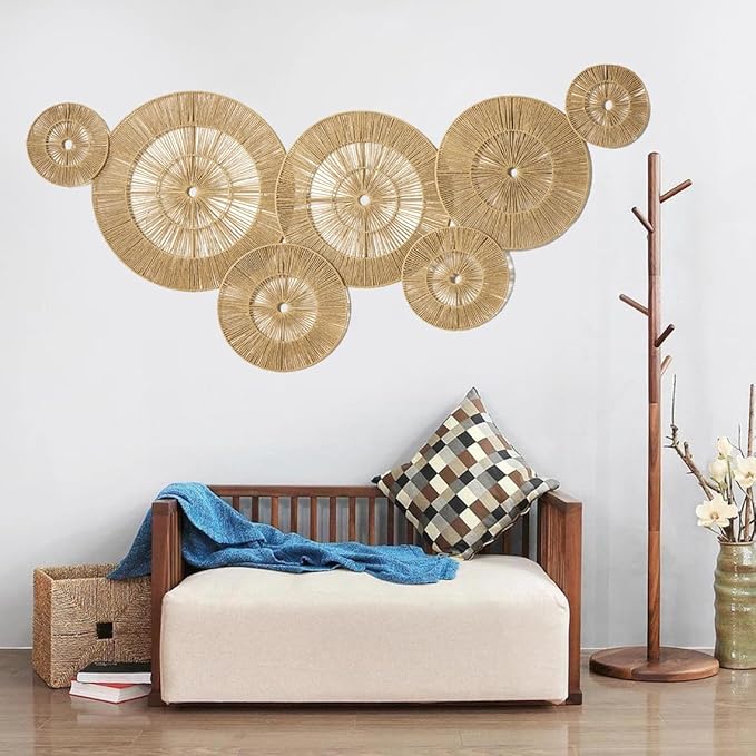 Mokof 7 Pack Boho Wall Baskets Decor Set (17", 15", 13", 11", 9", 7", 7") - Natural Paper Rope Round Wall Art for Living Room, Bedroom, Dining Room, Bohemian Home Decor