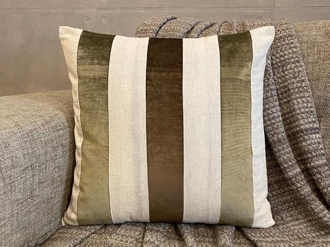The HomeCentric Decorative Pillows Cover Brown Pack of 2, 18"x18" (45x45 cm) Velvet Striped and Linen Outdoor Furniture Cushion Cover, Patchwork Modern Cushion Cover Style - Velvet Band Earthy