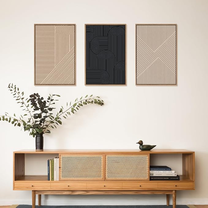 LHIUEM Large Abstract Textured Line Framed Canvas Wall Art,Boho Beige Black Wall Decor,Modern Neutral Minimalist Art Painting Painting for Living Room,Bedroom,Dining Room,Office -16"x24"x3