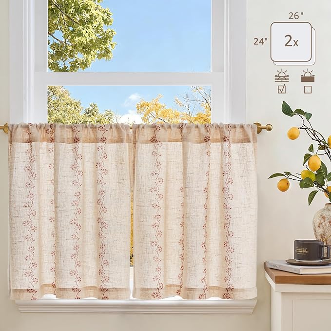 jinchan Katy Linen Floral Kitchen Curtains 24 Inches Length Stripe Cafe Curtains Farmhouse Cottagecore Tier Small Window Drapes for Living Room Light Filtering Rod Pocket 2 Panels Terracotta on Linen