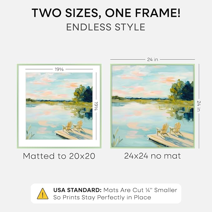 Homeforia 24x24 Picture Frame Sage Green, High End Metal 24 x 24 Large Square Poster Frames with Mat 20 by 20 inch Photo, 24by24 Thin Frames Matted to 20x20 for Art, Tempered Glass, Wall Kit, Set of 2