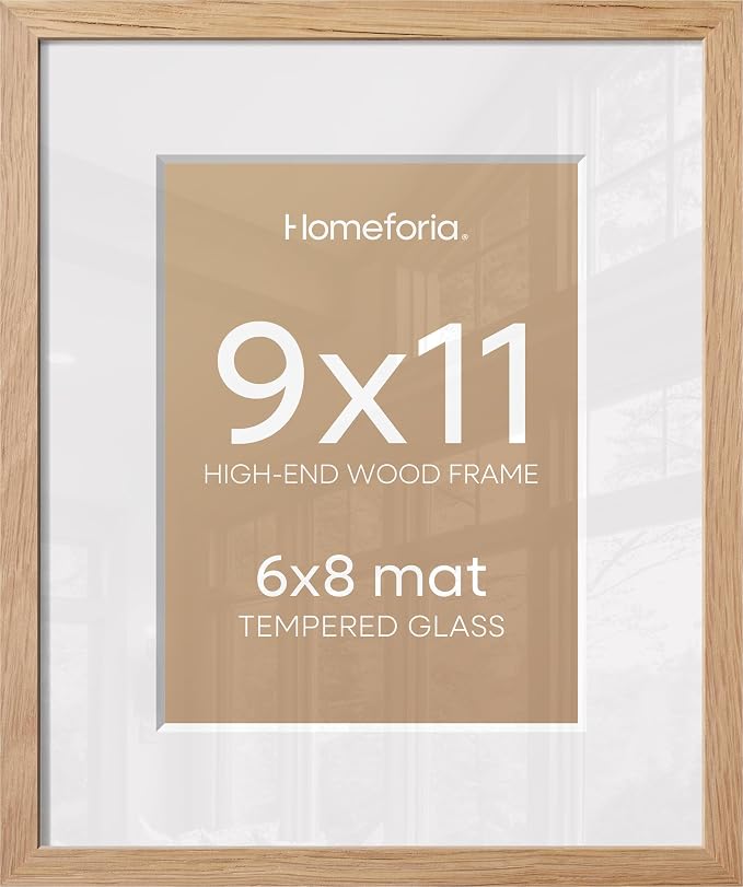 Homeforia 9x11 Picture Frame Wood, High End Natural Oak 9 x 11 Light Wooden Frames with Mat 6 by 8 in Photo, 9by11 Frame Matted to 6x8 Print, Wall or Tabletop Frame, Tempered Glass, Wall Kit, Set of 3