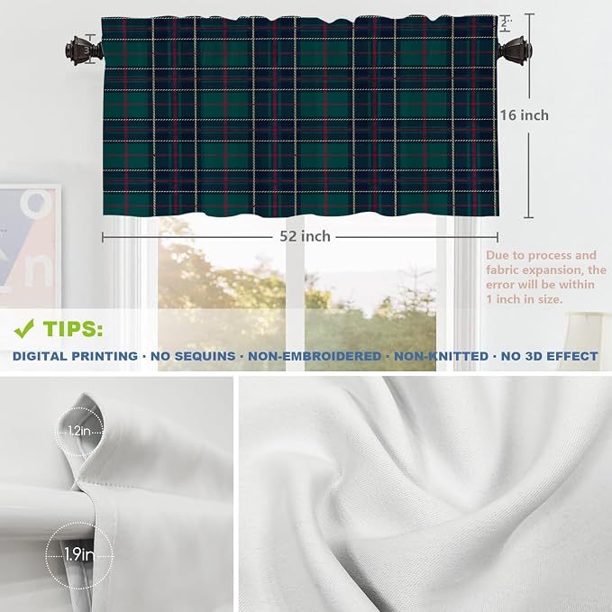 Shrahala Tartan Plaid Kitchen Valances, Green Scottish Fabric Kilt Twill Woven Half Window Curtain Window Treatment Multilayer Polyester Blackout for Living Room Bathroom 2 Pack 52 x 16 in