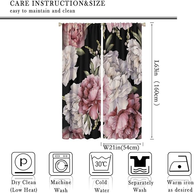 Black Boho Floral Curtain Vintage Watercolor Rose Peony Retro Pink Blossom Flowers Rustic Spring Lea for Home Kitchen Livingroom Coffee Room Curtains Drapes 2 Panels 42x63in