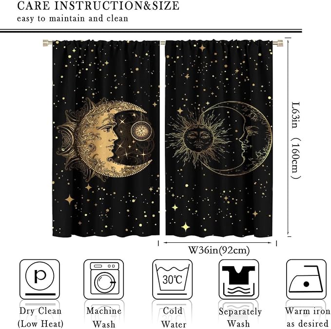 Sun and Moon Blackout Windows Curtains, Golden Planet Star Mysterious Galaxy Curtains Space Curtains, for Living Room Bedroom 72x63in 2 Panels
