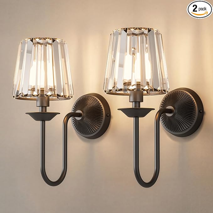 Black Battery Operated Wall Sconces Set of Two, Crystal Wireless Rechargeable Wall Lights with Remote, Dimmable 3 CCT and 12 RGB Cordless Wall Lamps for Bedroom Living Room Hallway Decor