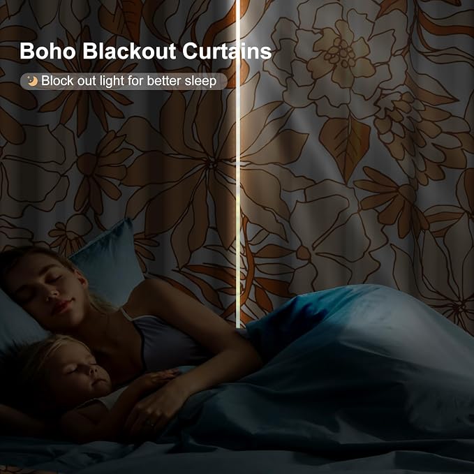 Boho Blackout Curtains for Bedroom and Living Room, Floral Patterned Black Out Curtains 84 Inch Long with Tiebacks, Farmhouse Summer Thermal Insulated Energy Efficient Bedroom Curtains 2 Panel Sets
