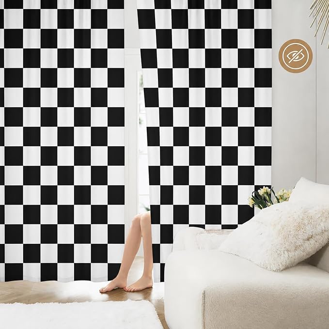 Black and White Curtains for Bedroom,Rod Pocket Checkered Semi Sheer Curtains Retro Plaid Light Filtering Curtains & Drapes for Living Room,Set of 2 Modern Window Curtain Panels,52 x 84 Inch