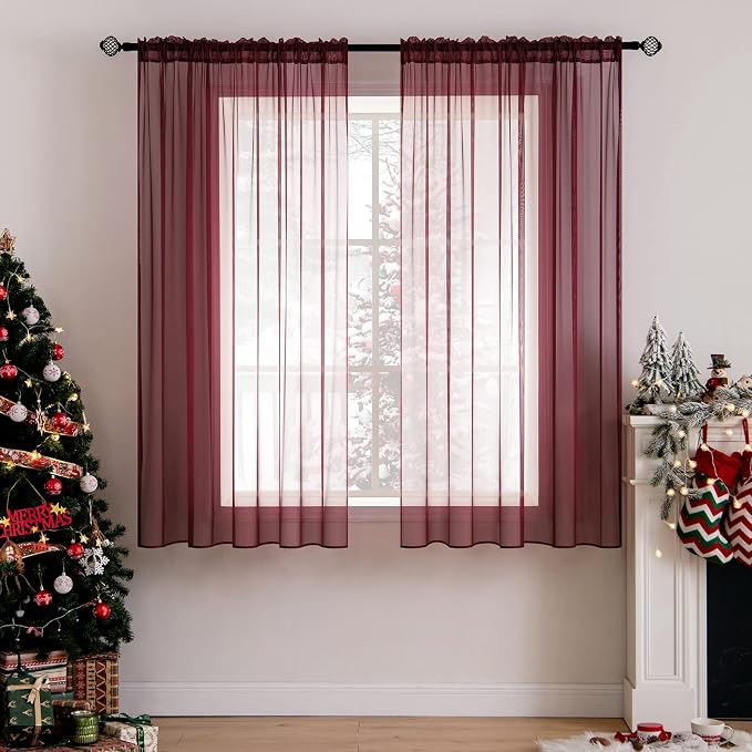 MIULEE 2 Panels Solid Color Sheer Christmas Window Curtains Elegant Window Voile Panels/Drapes/Treatment for Bedroom Living Room (54X63 Inches Wine Red)