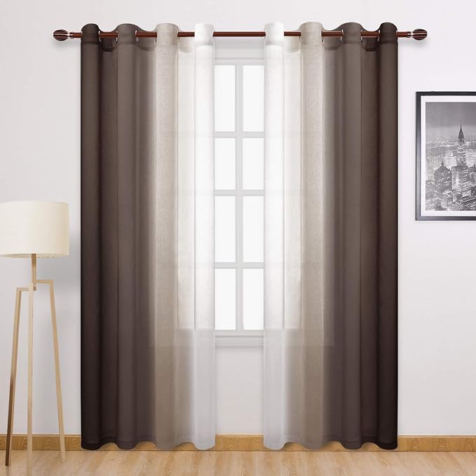DWCN Faux Linen Ombre Sheer Curtains - Semi Voile Gradient Grommet Top Curtains for Bedroom and Living Room, Set of 2 Window Curtain Panels, 52 x 84 Inches Long, Chocolate Brown