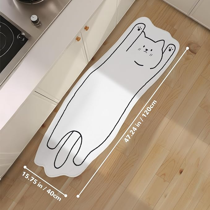 Cat Rugs, 1.3' X 3.9' Small Cute Irregular Shaped Rug for Bedroom Bathroom Room, Funny Cartoon Pet Area Carpet Kid Rugs, Cat Decor Dog Shaped Pet and Children Entryway Runner Rug (B White Cat)