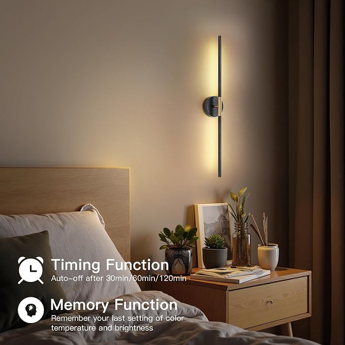 Battery Operated Wall Sconces Set of Two 360° Rotate Wireless Rechargeable Light Dimmable with Remote - Black Gold Modern Sconces Cordless Wall Decor for Home Bedroom Timer 31.5 Inch