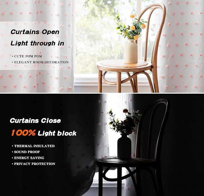MYSKY HOME 100% Blackout Curtains for Living Room White Curtains 102 Inch Extra Long Total Light Block Girls Room Drapes Thermal Insulated Room Darkening Pink Pom Pom Sheer Grommet 2 Pieces 52 Wide