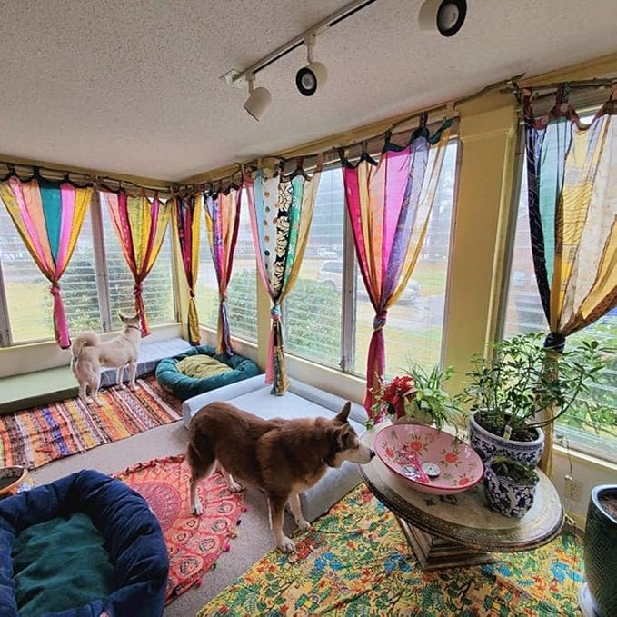 Rajbhoomi Assorted Sari Colorful Curtains Light-Filtering – Boho Curtains, Bed Canopy Panel, Tapestry or Window Treatment Multi Color (84 X 43 Inches)