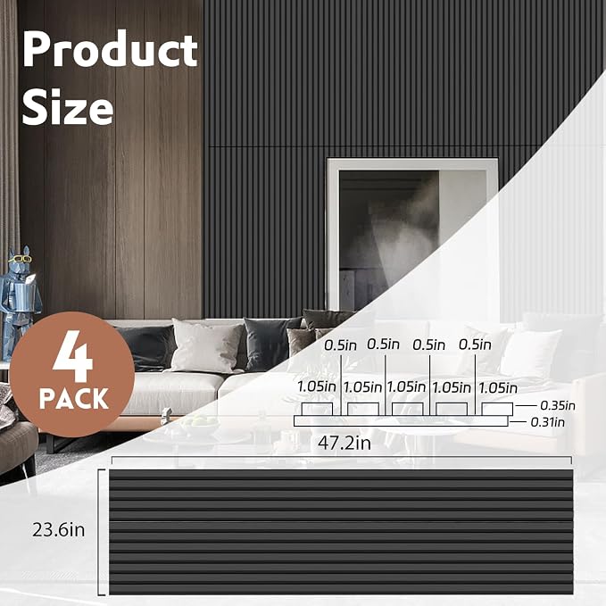 RITOLLO 4 Pack Wood Panels for Wall - 47.2"×23.6" Wood Slat Acoustic Panels for Wall, Soundproof Panels, 3D Fluted Panels for Interior Wall Decor (Matte Black)