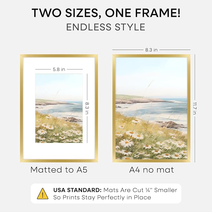 Homeforia A4 Gold Picture Frame, High End Metal 8.3 x 11.7 Frames for Wall or Tabletop, Gold A4 Certificate Frame with Mat A5, 8.3x11.7 Frames Matted to 5.8x8.3 Art, Tempered Glass, Wall Kit, Set of 3