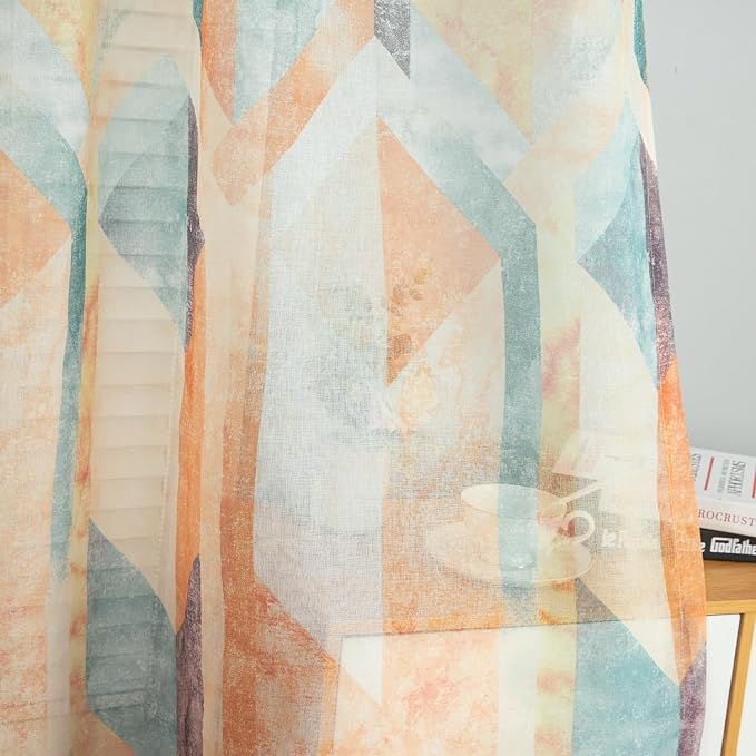 Leeva Airy Sheer Curtains 84 inches Long 2 Panels Set, Rod Pocket Orange Geometry Print Pattern Voile Sheer Drapes for Living Room Bedroom, 52" W x 84" L