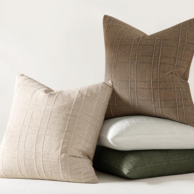 MIULEE Decorative Linen Check Euro Shams Throw Pillow Covers Neutral Farmhouse Vintage Pillow Covers 26x26 Set of 2 Boho Modern Home Decor for Sofa Couch Bedroom Cushion Natural Beige