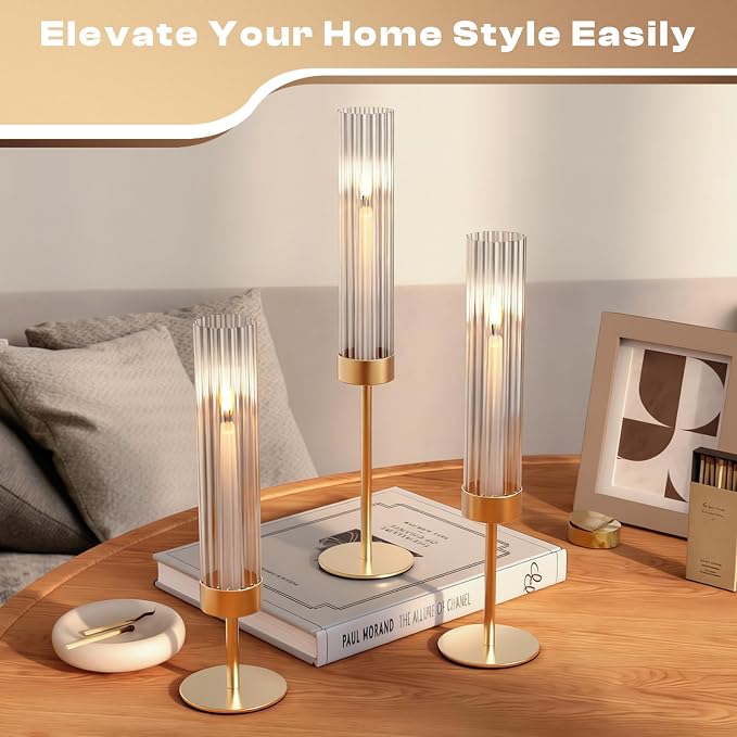 Gold Hurricane Candle Holders: Fluted Tall Candlestick Holders for Wedding Brass Taper Candle Holder Modern Candle Sticks Holder Decor for Table Centerpiece Christmas Party Home Set of 3