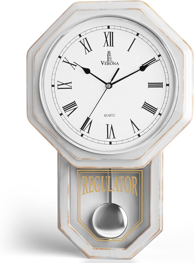 White Pendulum Wall Clock - Real Wood Regulator Clock - Rustic, Farmhouse Schoolhouse Design 18x11 - Quiet, Non-Chiming, Wooden & Battery Operated - Decorative Wall Decor for Living Room, Home, Office