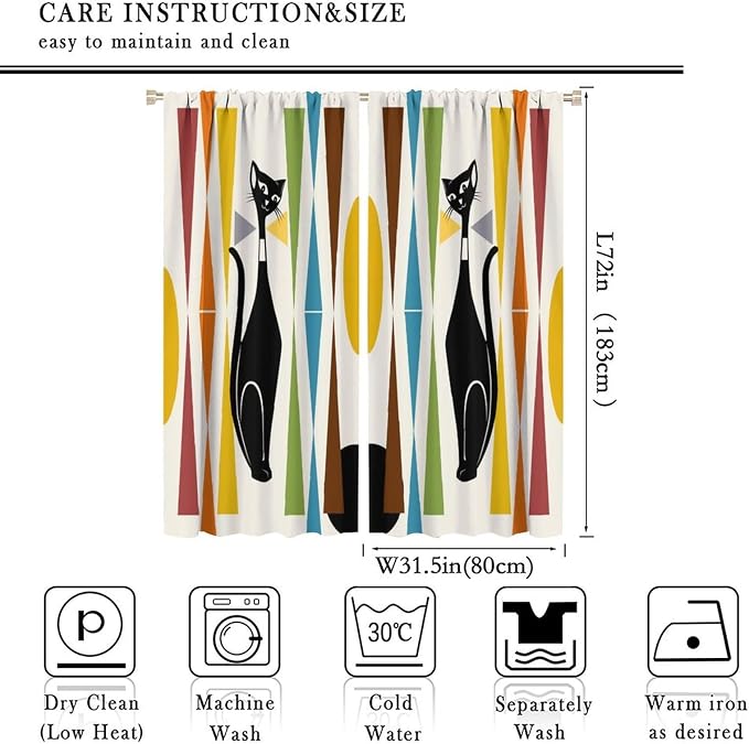 JESTRONRY Mid Century Style Curtains,Black Cat Modern Abstract Geometric Vintage Colorful Shape Pattern Theme Home Fabric Living Room Bedroom Kitchen Bathroom Decor 63x72in