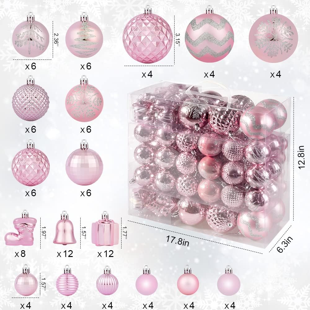 116Pcs Pink Christmas Ball Ornaments Set, Shatterproof Christmas Hanging Decoration Set with Gift Box, Assorted Decorative Baubles Set for Xmas Tree/Home/Wedding/Party/Holiday (Pink)