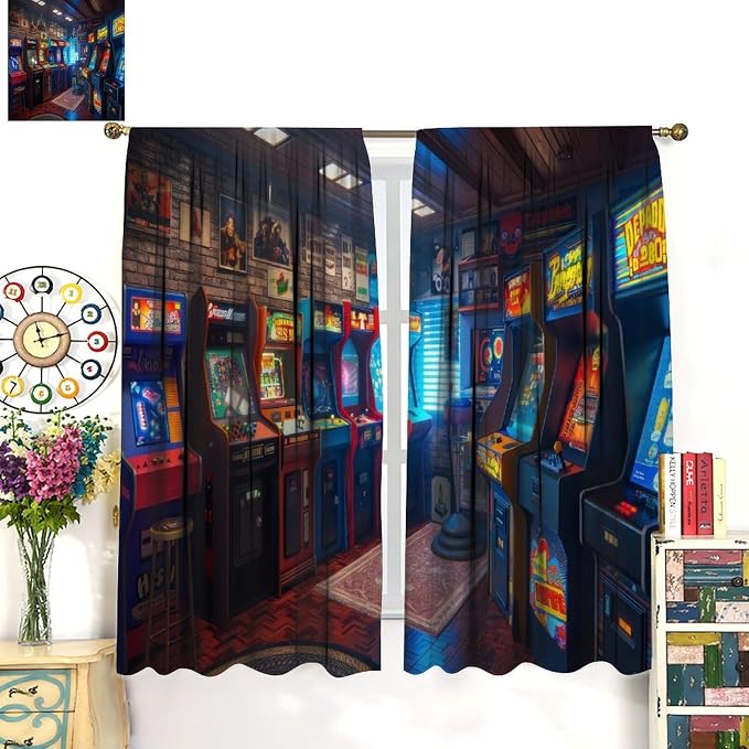 90s Arcade Blackout Curtains Glow in The Dark Cartoon Game Room Illustration Retro Pixel Design Window Treatments for Gaming Room Retro Game Cave Themed Cafe Kids Room 63" W X 72" L