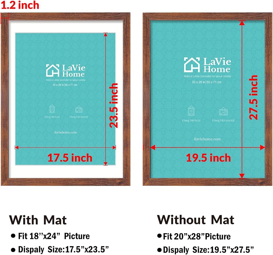 LaVie Home 20x28 Poster Frame Brown, Display Pictures 18x24 with Mat or 20x28 Without Mat, Stable and Sturdy Picture Frame with Polished Plexiglass, Horizontal and Vertical Format of The Wall（1 Pack）