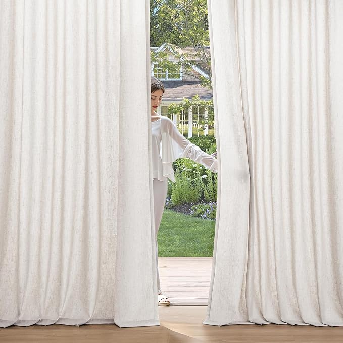 MIULEE Non-See-Through Privacy Linen Curtains 2 Panels, Light Filtering Window Curtains Farnhouse Textured Back Tab Semi Sheer Drapes for Bedroom Living Room, 52 x 96 Inches Long, White