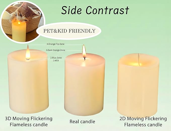 Rechargeable Flameless Pillar Candle with Remote Timer, 3D Moving Flame Real Wax Led Pillar Candles (Ice Blue, 3''x4''/5''/6'')