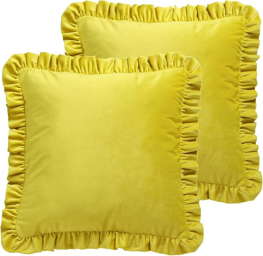 ISAENNE Vintage Lemon Yellow Square Throw Pillow Covers 22"x22" Set of 2, Solid Color Farmhouse Velvet Decoration Pillow Cover with Ruffles,Throw Pillow Case for Couch Sofa Bed Living Room Car