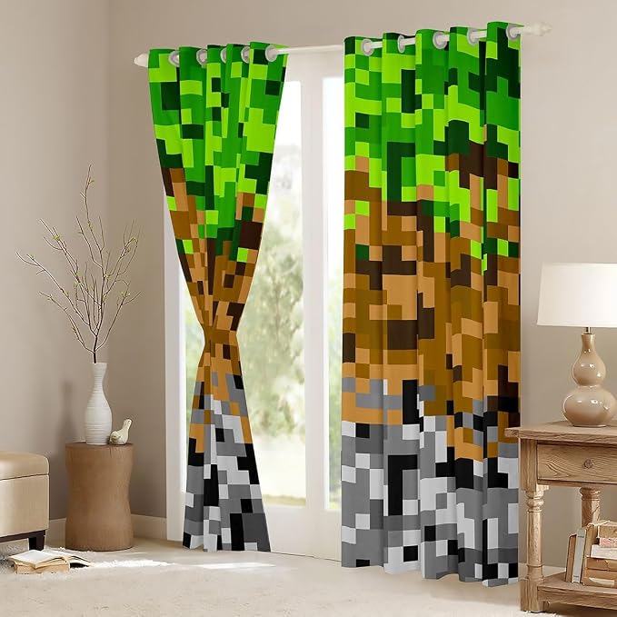 Miners Pixelated Games Window Curtain,Green Brown Grey Plaid Blackout Window Treatment ,Kids Teens Adult Geometric Block Bedroom Curtains Modern Video Games Living Room Decor Top 2 Panels,38Wx45L