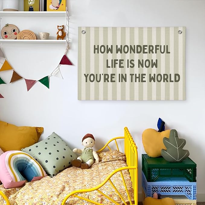 How Wonderful Life is Now Wall Art Decor, Sage Green Baby Room Nursery Linen Canvas Banner Wall Hanging Flag Decor for Toddler Girls Boys Room Playroom