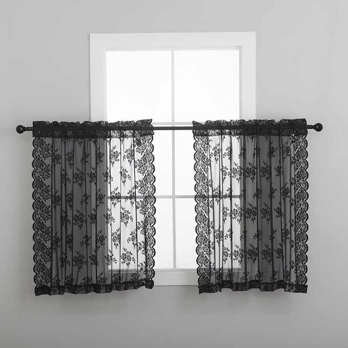 Kotile Black Lace Curtains 45 Inch Length 2 Panels, Country Rustic Floral Gothic Sheer Curtains for Kitchen Window, Rod Pocket Vintage Privacy Sheer Lace Curtain, 42 x 45 Inch Each, 1 Pair, Black