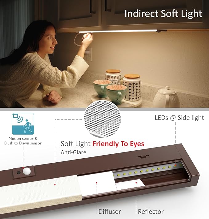 Leetdud Under Cabinet Lighting Motion Sensor Hardwired, 24 Inch 12W Dimmable, 5 CCT 2700/3000/3500/4000/5000K, Eyes Care Design Linkable Under Counter Lights for Kitchen, Sink, ETL Listed, Bronze