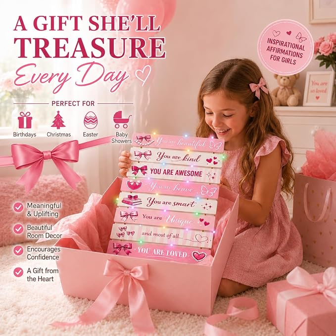 Cute Pink Bow Room Decor Set of 8 with Led Light for Teen Girls Kids Toddler, Preppy Inspirational Bow Wood Nursery Wall Decor for Dorm Bedroom, Dreamy Cozy Chic Motivational Princess Room Decor