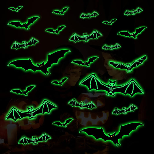 3 Sheets Glow in The Dark Halloween Skeleton Bat Decals Luminous Halloween Skeleton Bat Stickers Removable Bat Wall Decor Glowing Window Clings for Scary Halloween Theme Party Decorations