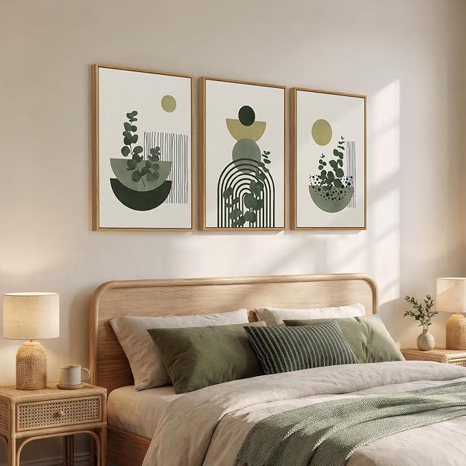 Framed Boho Botanical Wall Art for Living Room, 3 Piece Modern Green Bohemian Canvas Paintings Prints, Abstract Geometric Eucalyptus Leaf Pictures for Bedroom Dining Room Office Wall Decor, 16x24 Inch