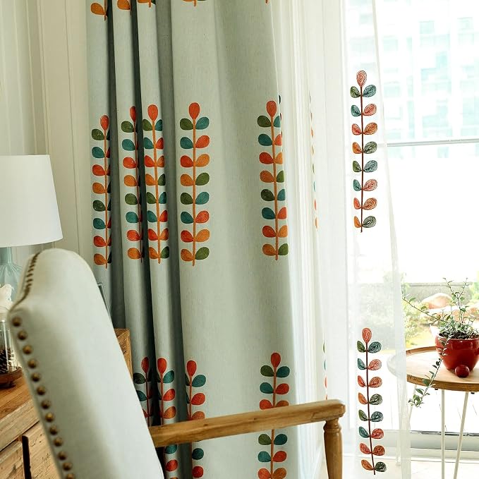 VOGOL Colorful Leaf Embroidered Curtains, Linen Grommet Decorative Light Filtering Drapes for Living Dining Room Large Windows, 2 Panels, 60 x 106 Inches