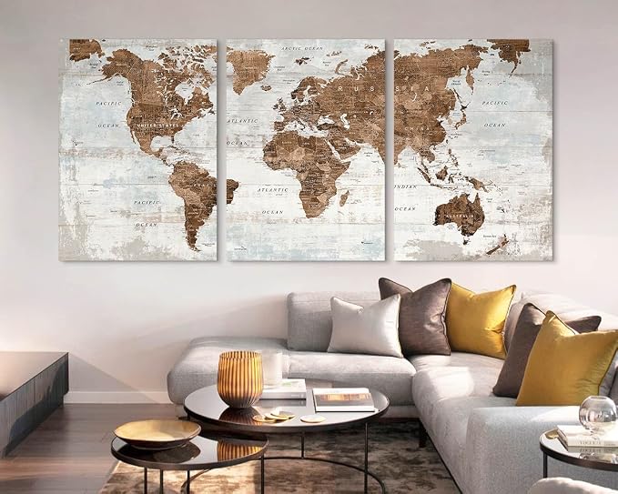 Large World Maps for Wall Framed Mens Office Living Room Wall Decor | Canvas Wall Art for Boys Womens Bedroom Giant Oversized Inspirational Vintage Old Global Map Artwork
