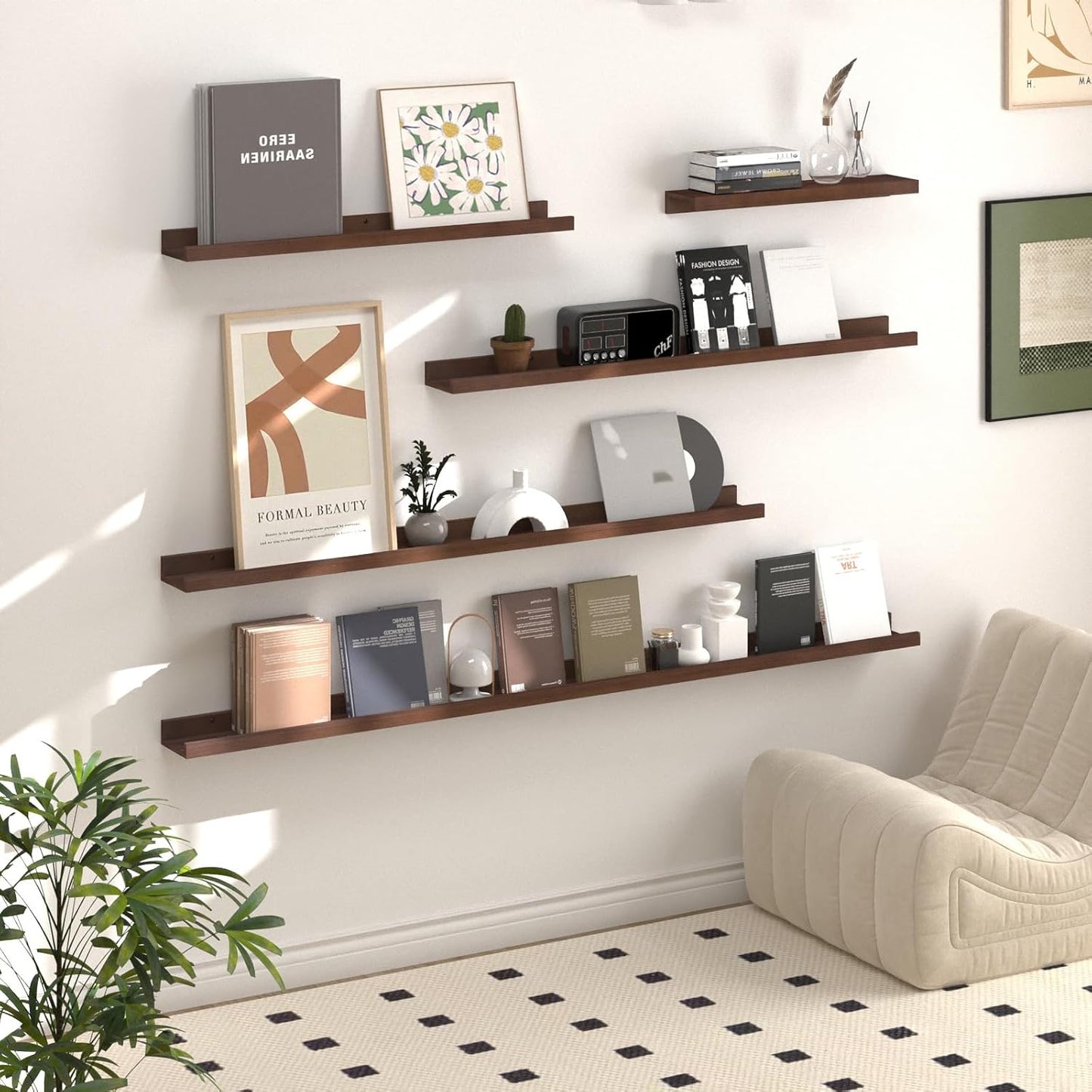 SAUMONIERES Picture Ledge Shelf Floating Book Shelves Set of 2 Wall Mounted Solid Wood for Bedroom Bathroom Living Room Kitchen, 36 Inch Walnut