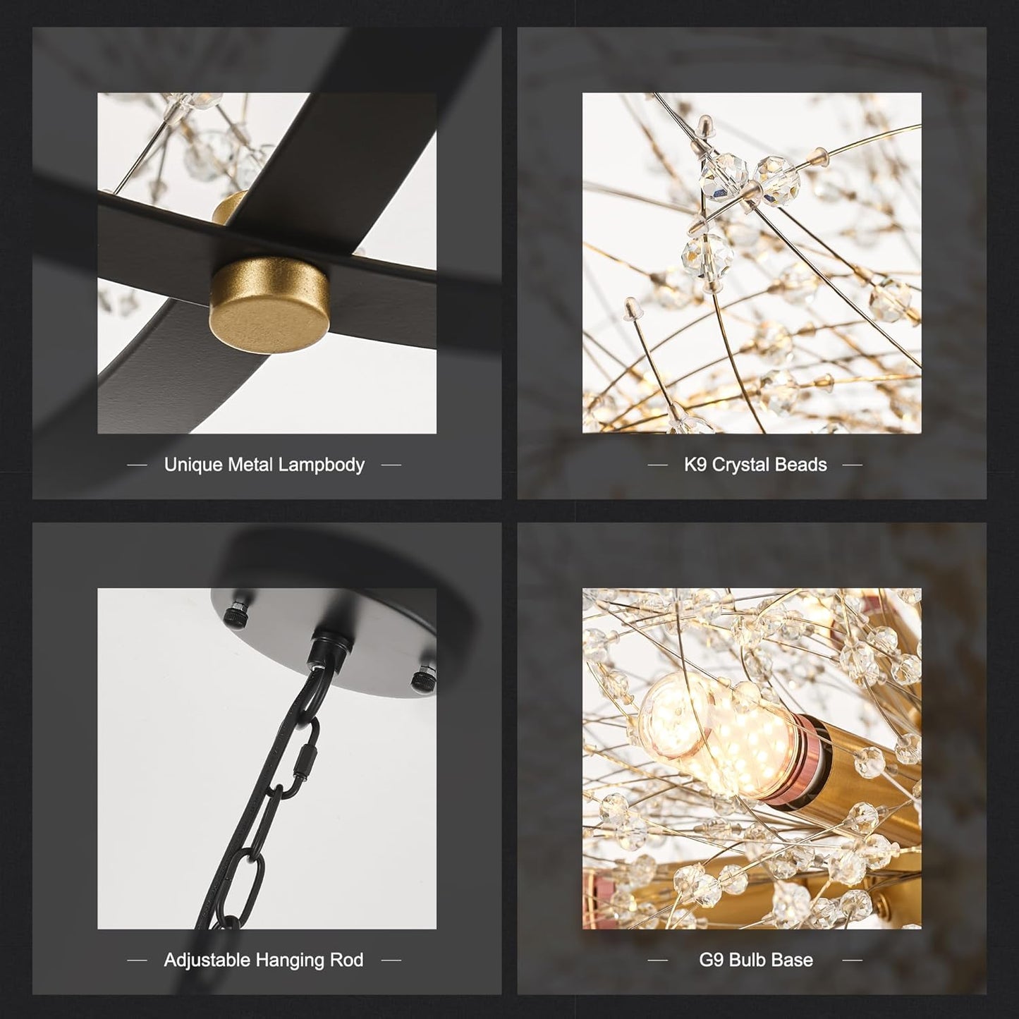 Modern Crystal Chandeliers Firework, 23.2'' Black Gold 12-Light Globe Dandelion Sputnik Chandelier, Hanging Pendant Lighting Fixture for Dining Room, Bedroom, Kitchen, Entryway, Foyer