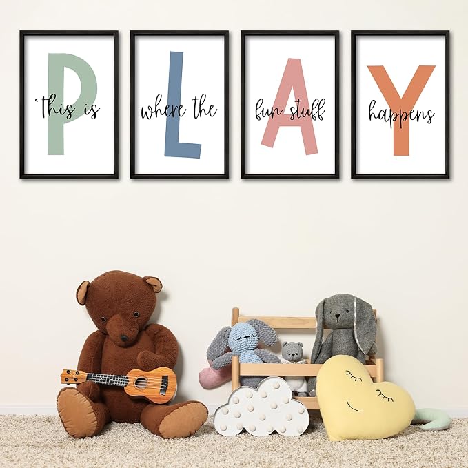 This Is Where Fun Stuff Happens Kids Playroom Wall Decor PLAY Quote Art | Motivational Prints for Nursery, Black Wood Frame, Set of 4, 11x16 Inches , Let's Play Sign for Toddler Boys, Ready to Hang