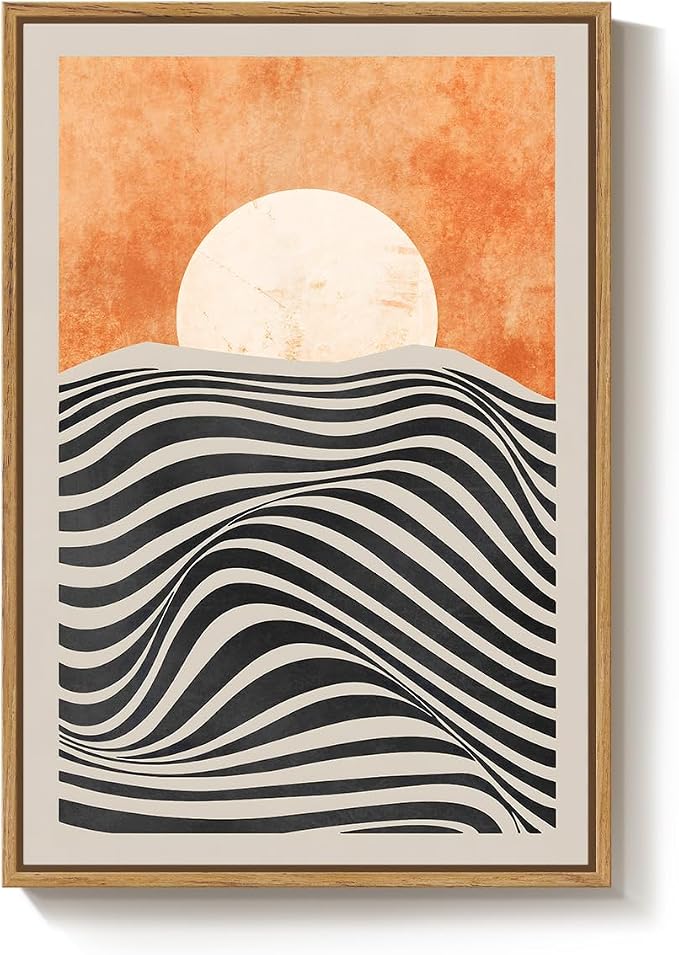 Framed Mid Century Modern Sunset Wall Art for Living Room, Abstract Boho Orange Sun Canvas Paintings Prints Artwork for Walls, Vertical Bohemian Pictures Wall Decor for Bedroom Home Office, 24x36 Inch