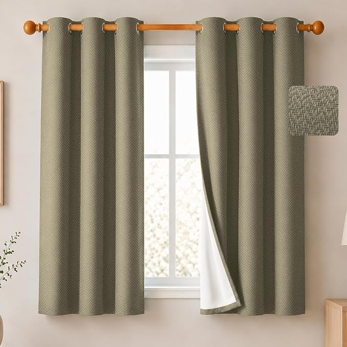 2 Panels 100% Blackout Linen-Textured Curtains, Thick Thermal Insulated Grommet Drapes with Subtle Herringbone Weave, Luxury Decor for Bedroom/Living Room, 37 x 54 Inches, Taupe
