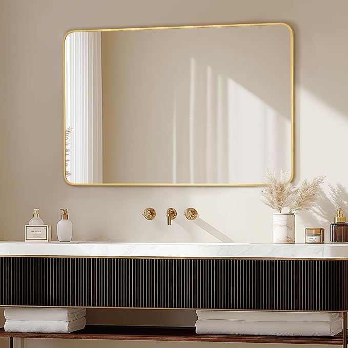 Delma Bathroom Vanity Mirror, Black Framed Bathroom Mirror for Over Sink, High-Definition Bathroom Mirror, Versatile Bathroom Vanity Mirror, Hangs Horizontally or Vertically(36x24, Gold)
