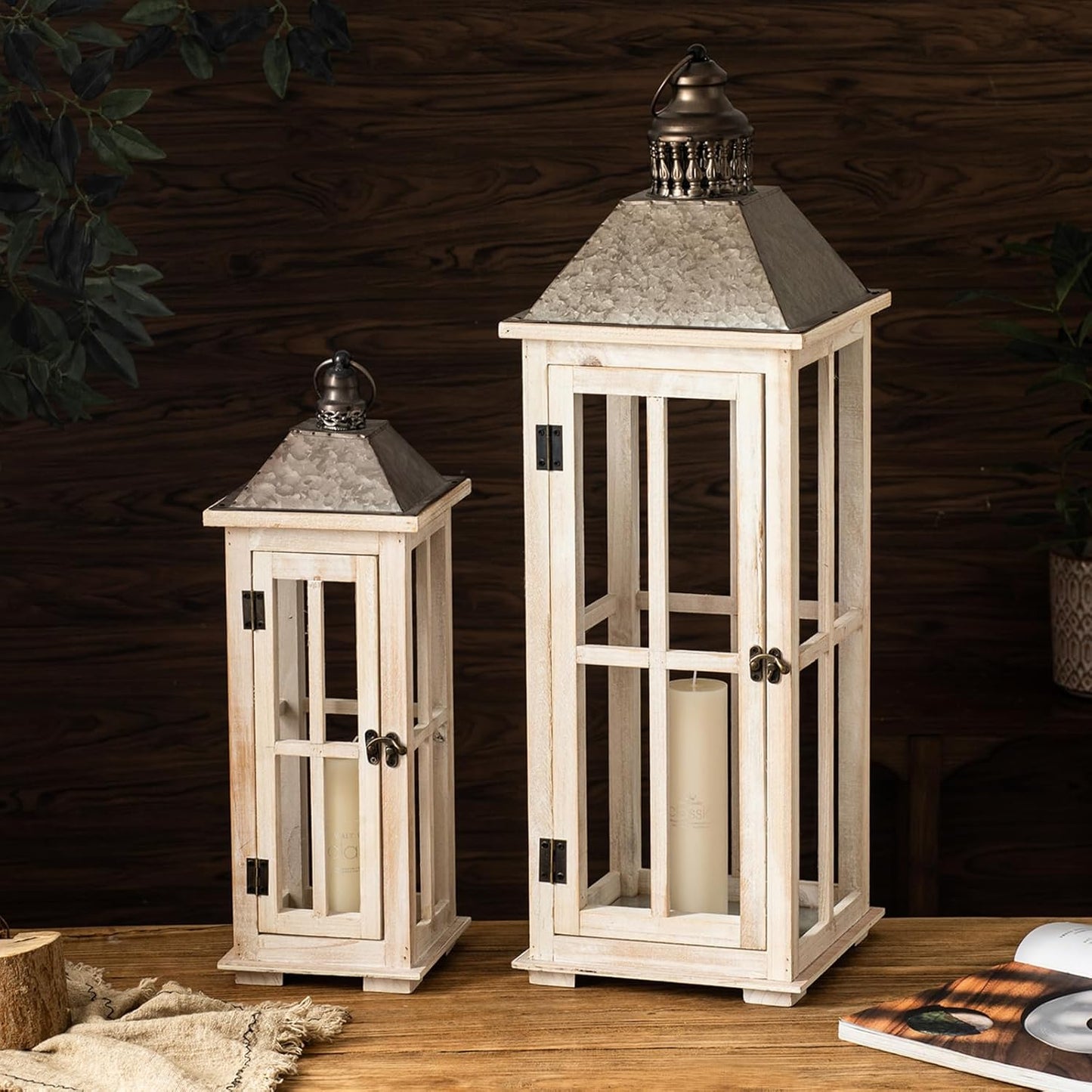 TIMRIS Large Rustic Wooden Decorative Lantern Set of 2, Modern Farmhouse Distressed Whitewash Floor Candle Lanterns, Indoor/Outdoor Hanging Lanterns for Home Decor (No Glass)